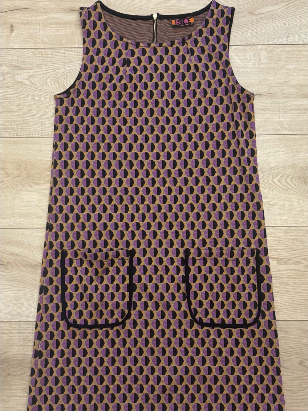Sleeveless Geometric Mini Shift Dress in Purple and Black Isle By Melis Kozan